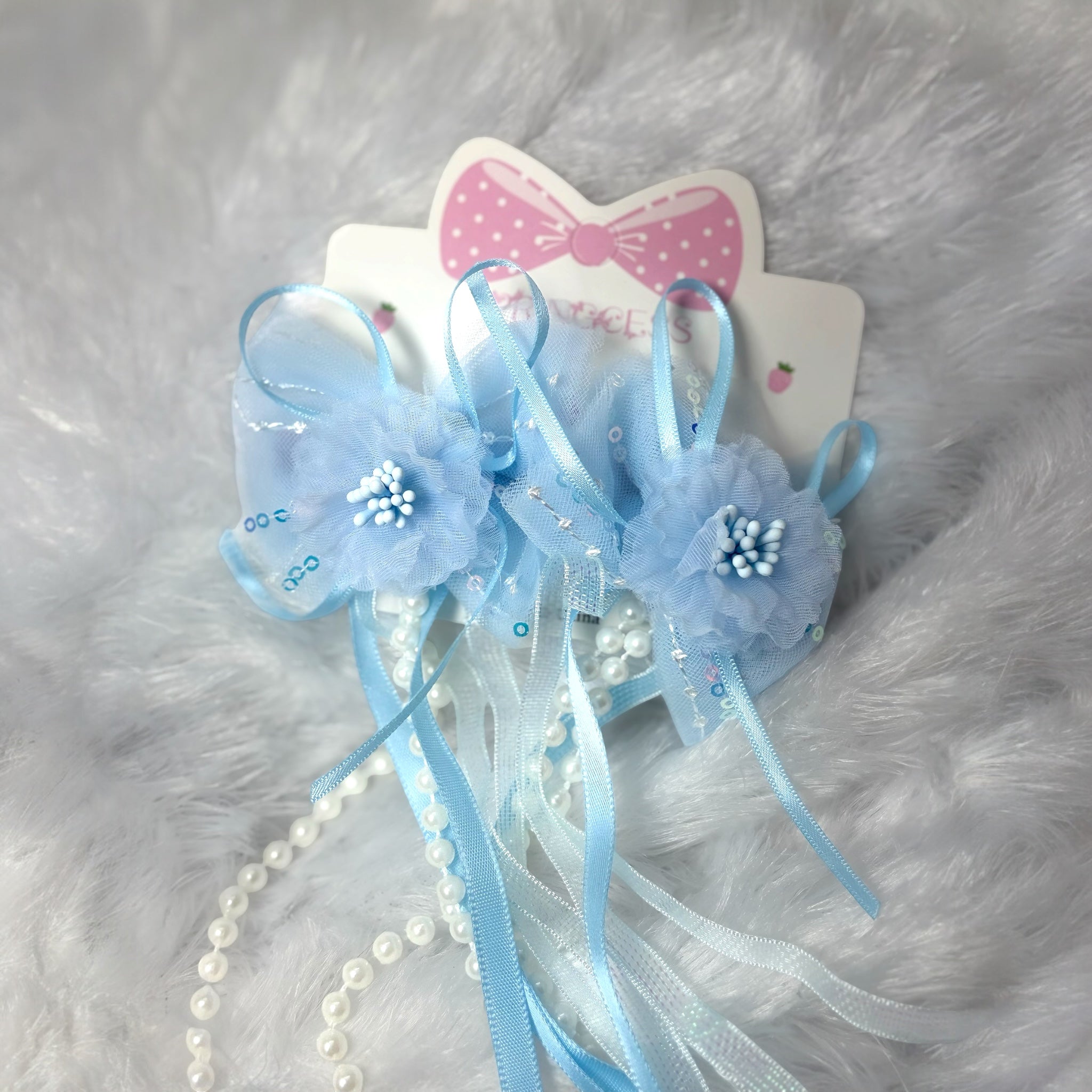 Floral Hair Clip with Long Ribbon Tassels and Pearls