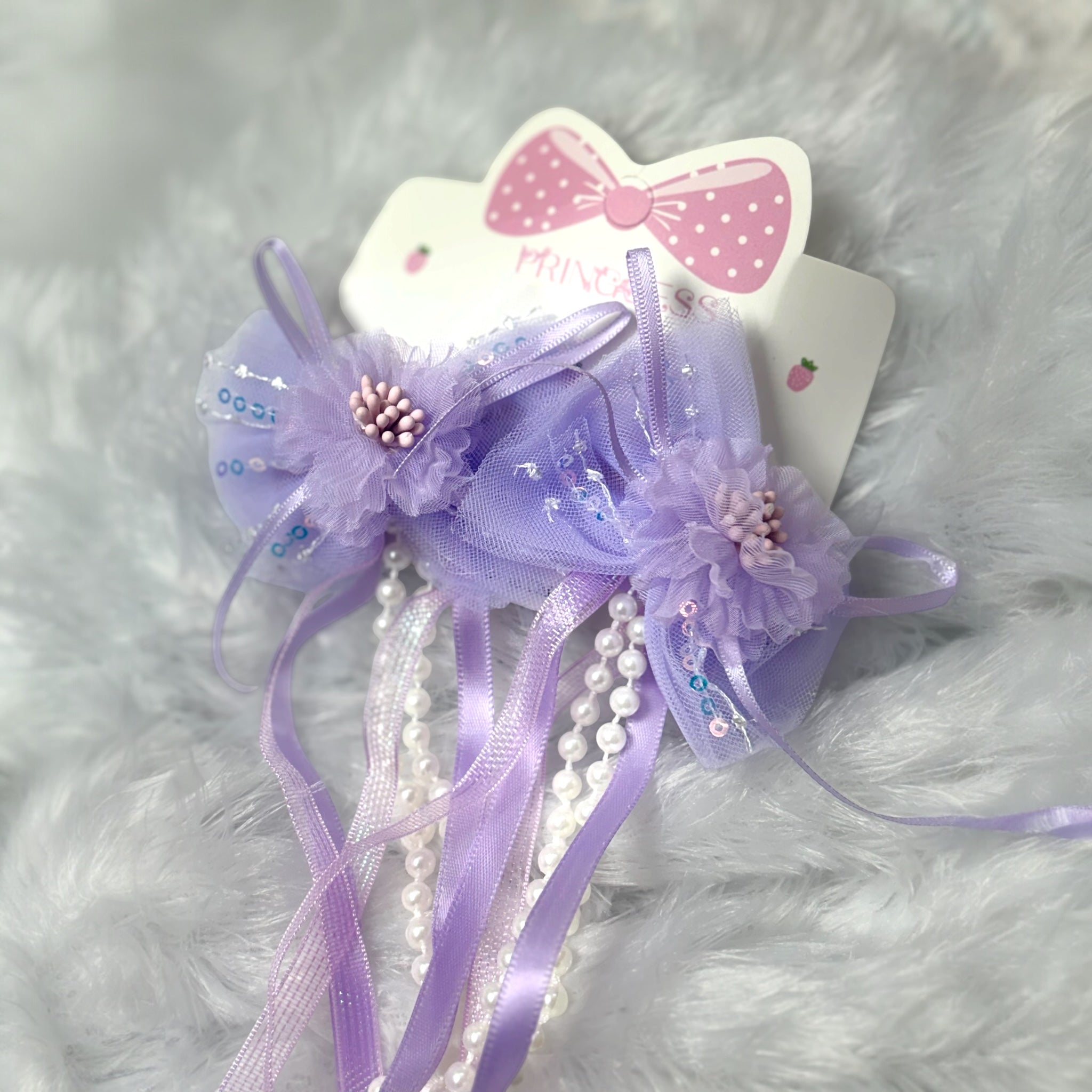 Floral Hair Clip with Long Ribbon Tassels and Pearls