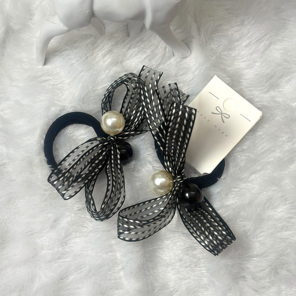 Stylish Black Bow Hair Bands for Girls – Pearl & Ribbon Elastic Hair Ties Combo (2 pcs)