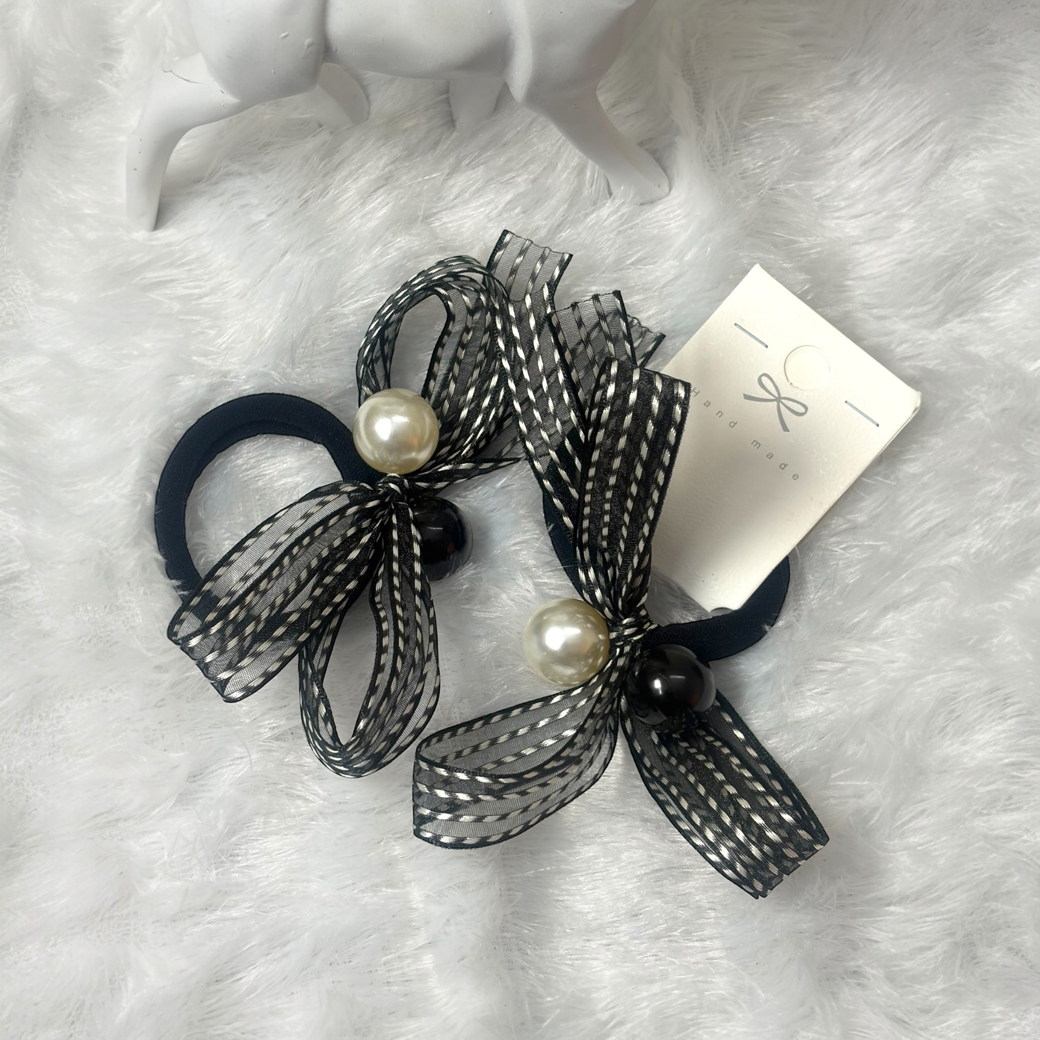 Stylish Black Bow Hair Bands for Girls – Pearl & Ribbon Elastic Hair Ties Combo (2 pcs)