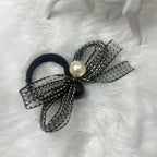 Stylish Black Bow Hair Bands for Girls – Pearl & Ribbon Elastic Hair Ties Combo (2 pcs)