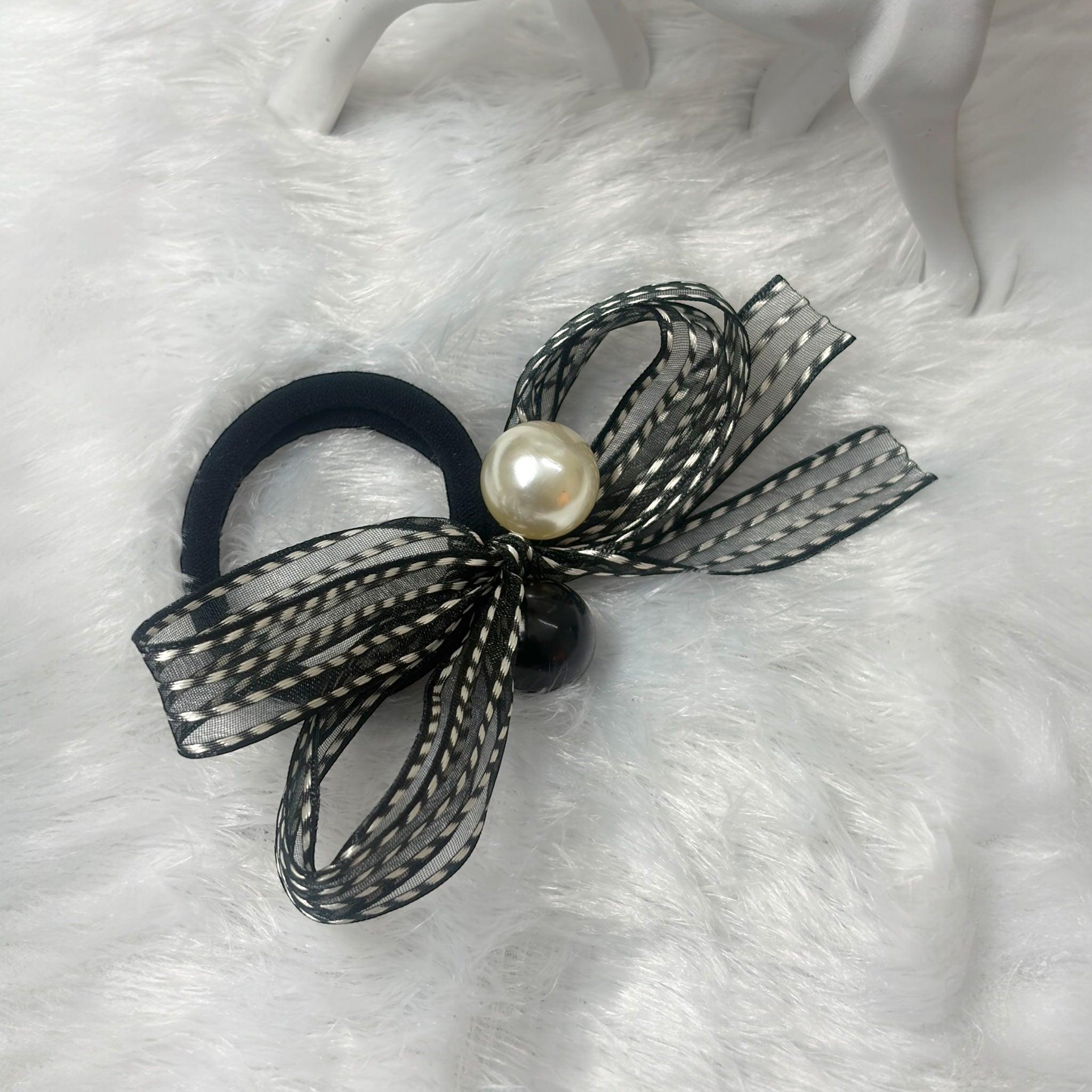 Stylish Black Bow Hair Bands for Girls – Pearl & Ribbon Elastic Hair Ties Combo (2 pcs)