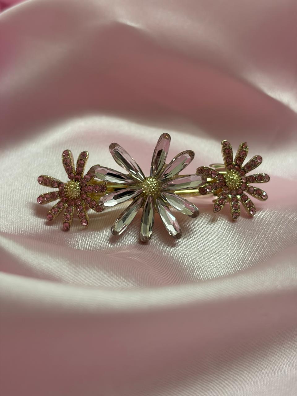Sparkling Triple Floral Elegant Rose Gold & Diamond Flower Clip