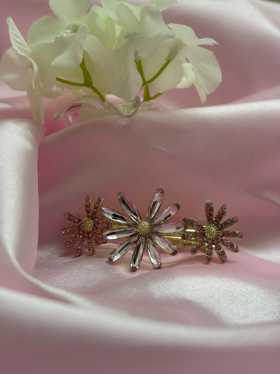 Sparkling Triple Floral Elegant Rose Gold & Diamond Flower Clip