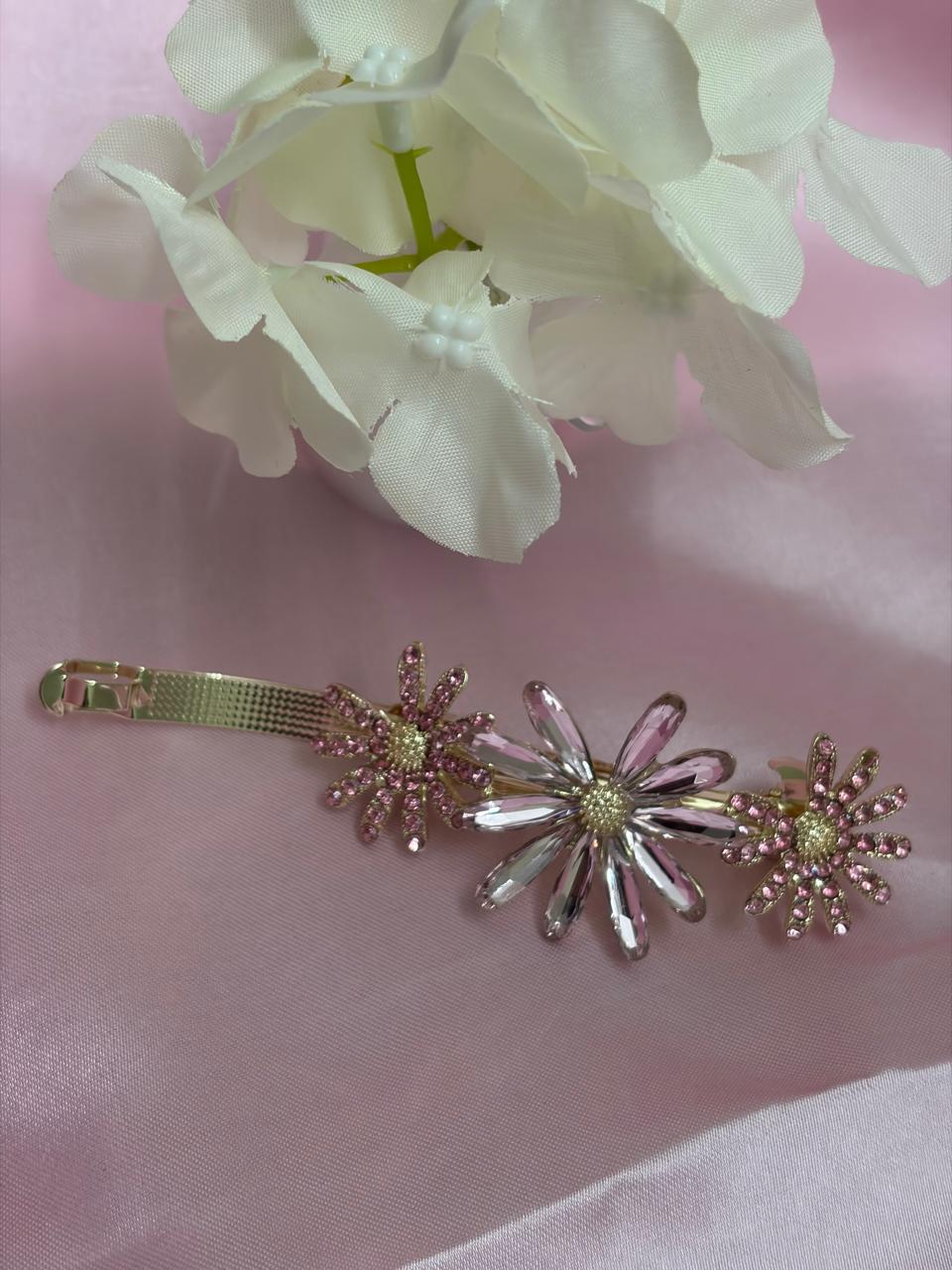 Sparkling Triple Floral Elegant Rose Gold & Diamond Flower Clip