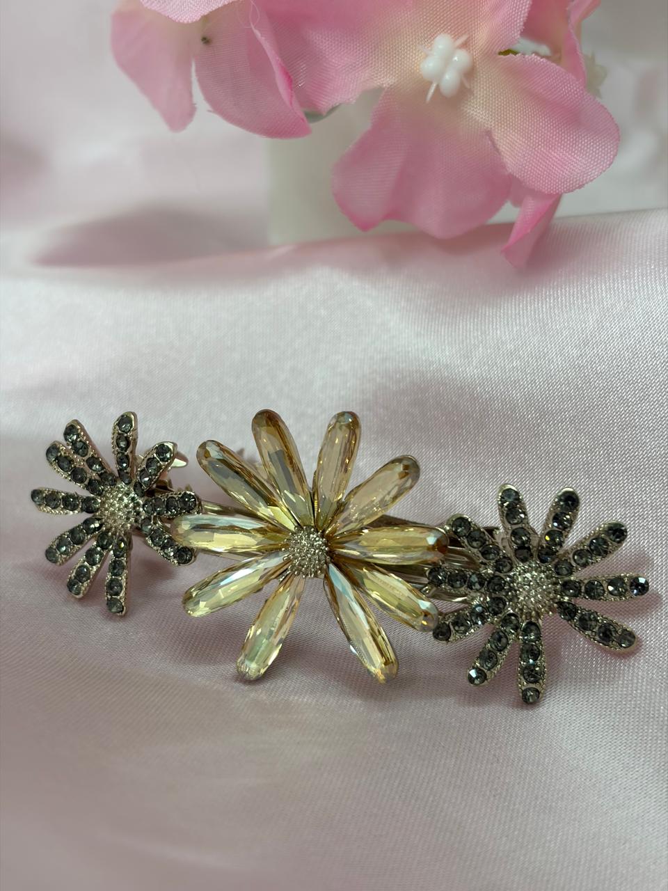 Sparkling Triple Floral Crystal Barrette