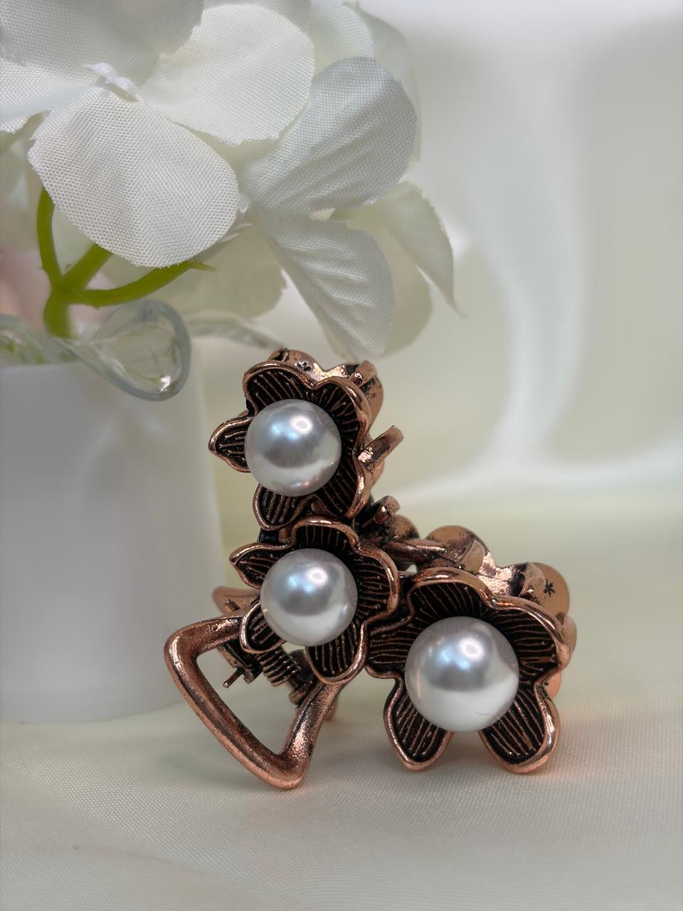 Antique Rose Gold Floral Pearl Hair Claw