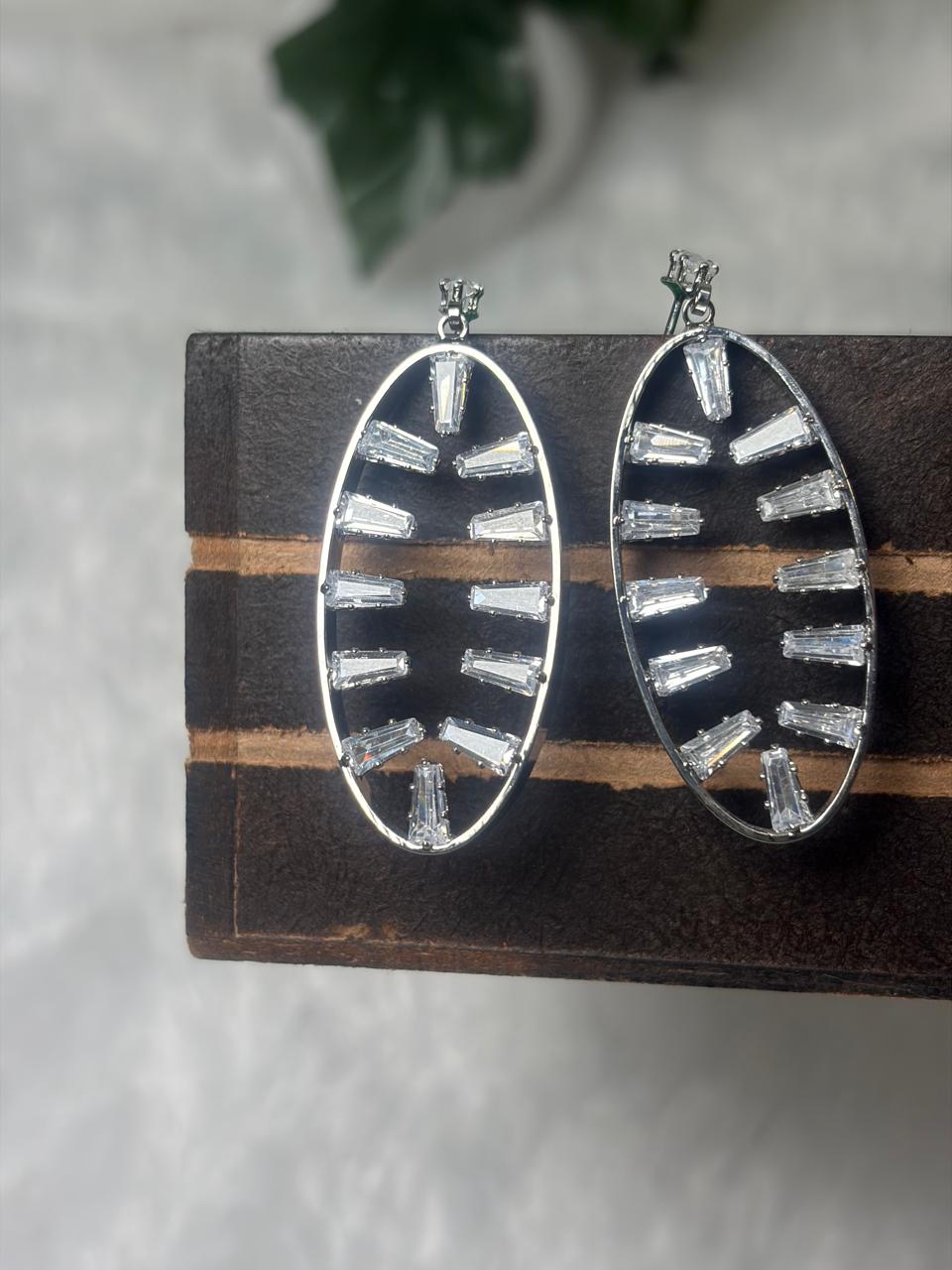 Silver-Tone Oval Drop Earrings with Crystal Studded Design | Party Wear Statement Earrings
