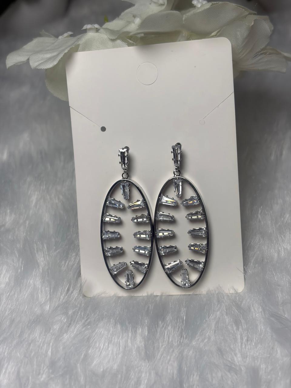Silver-Tone Oval Drop Earrings with Crystal Studded Design | Party Wear Statement Earrings