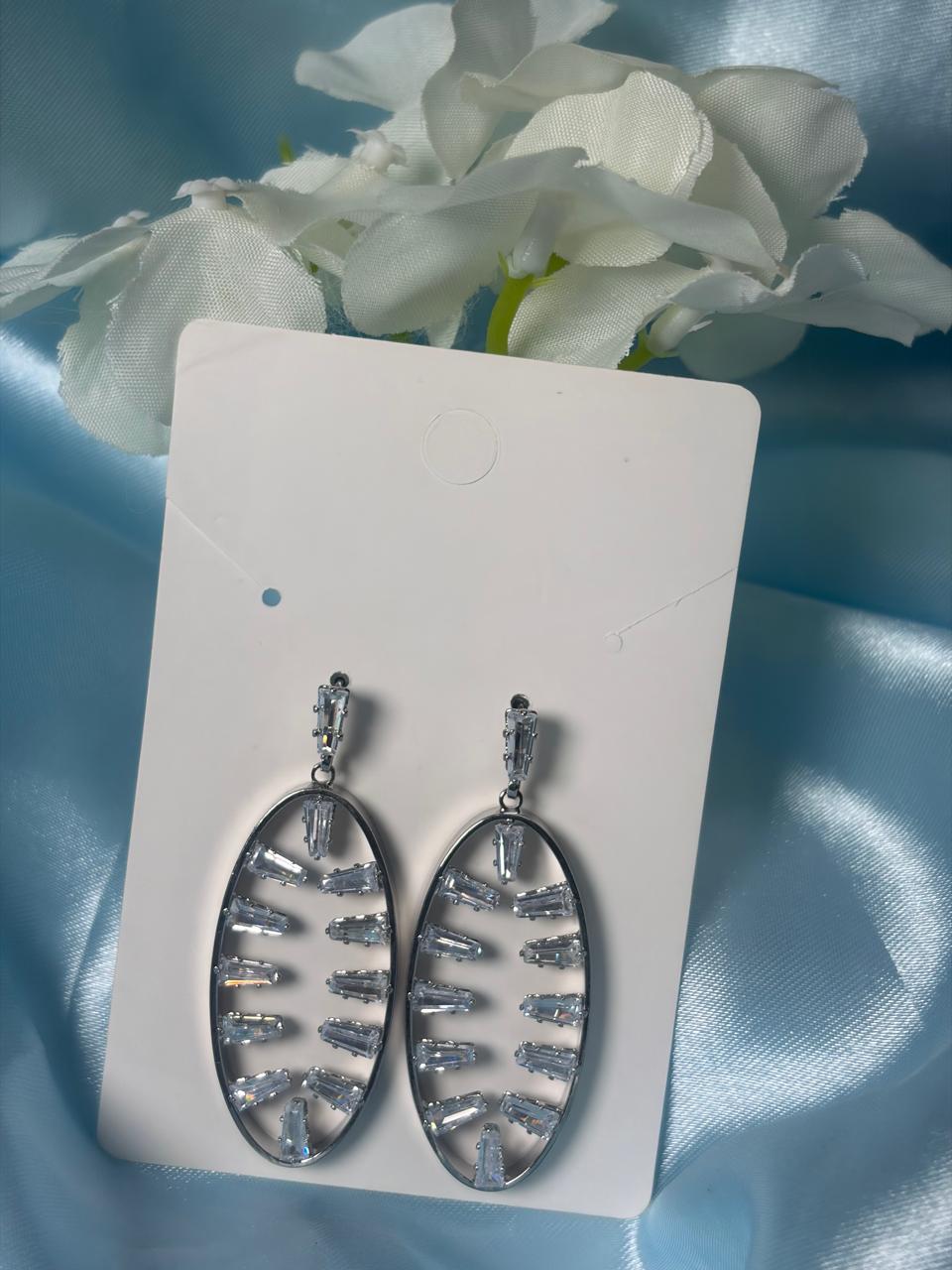 Silver-Tone Oval Drop Earrings with Crystal Studded Design | Party Wear Statement Earrings