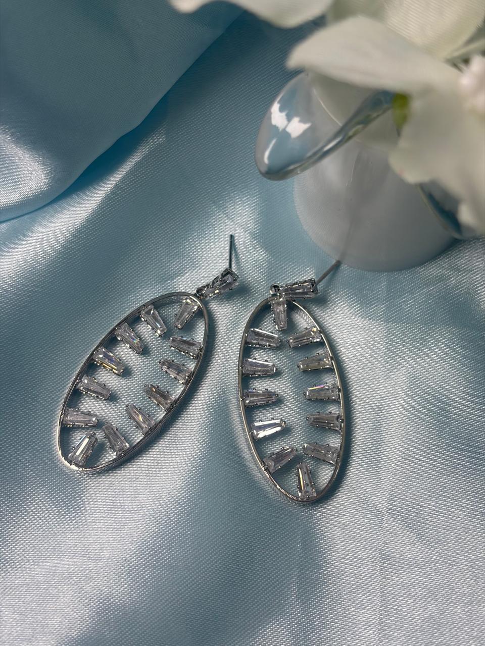 Silver-Tone Oval Drop Earrings with Crystal Studded Design | Party Wear Statement Earrings