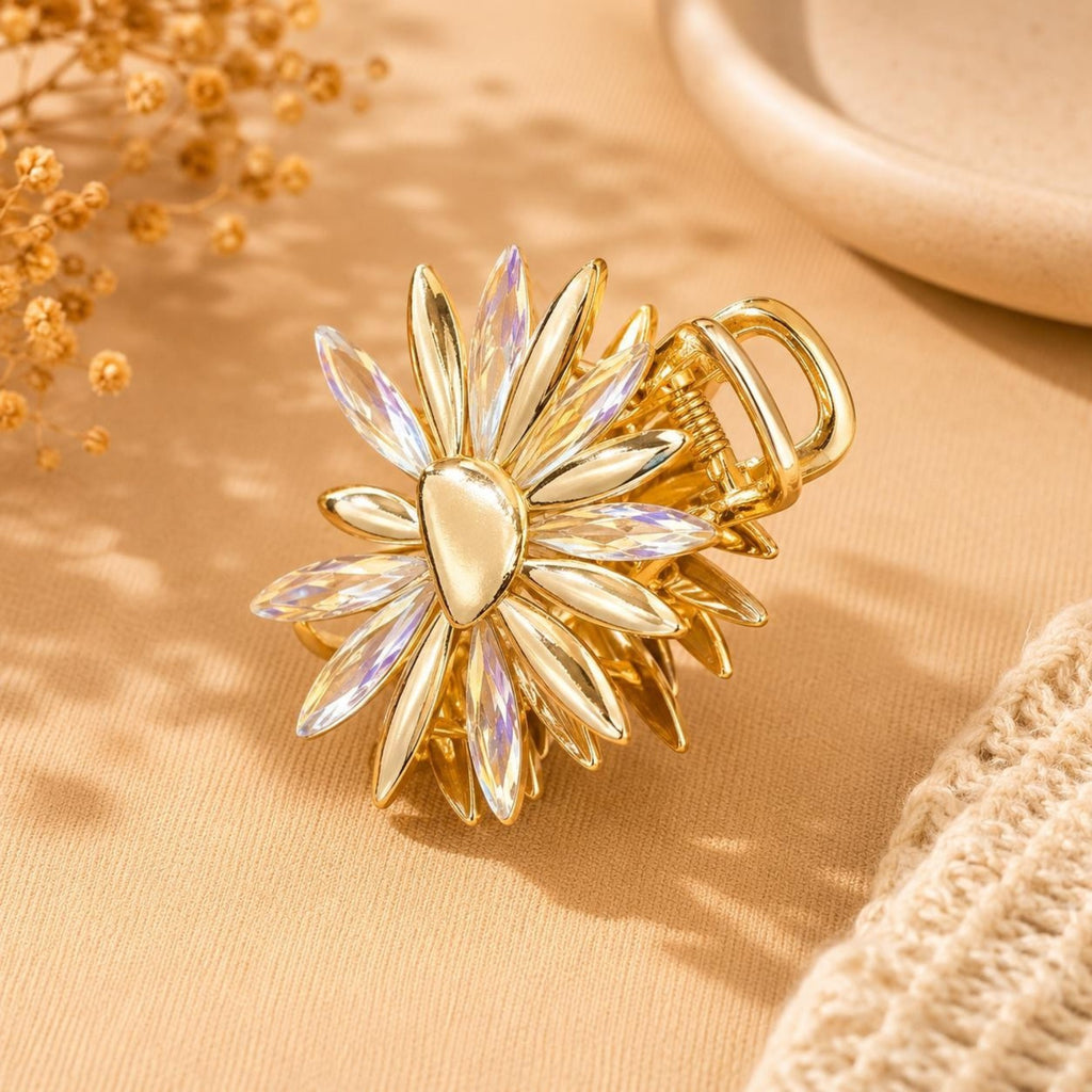 Luxury Gold Crystal Flower Hair Claw Clip