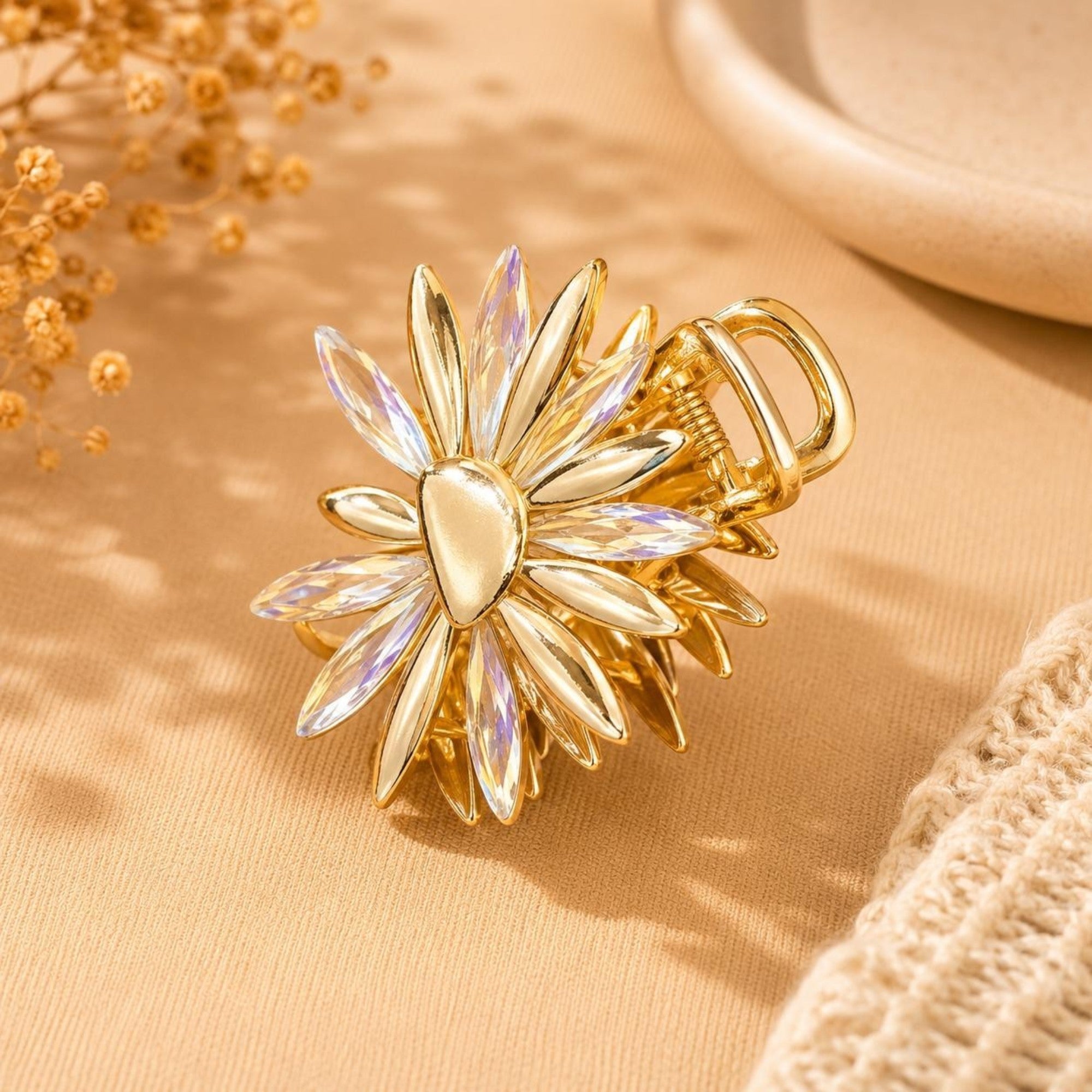 Luxury Gold Crystal Flower Hair Claw Clip