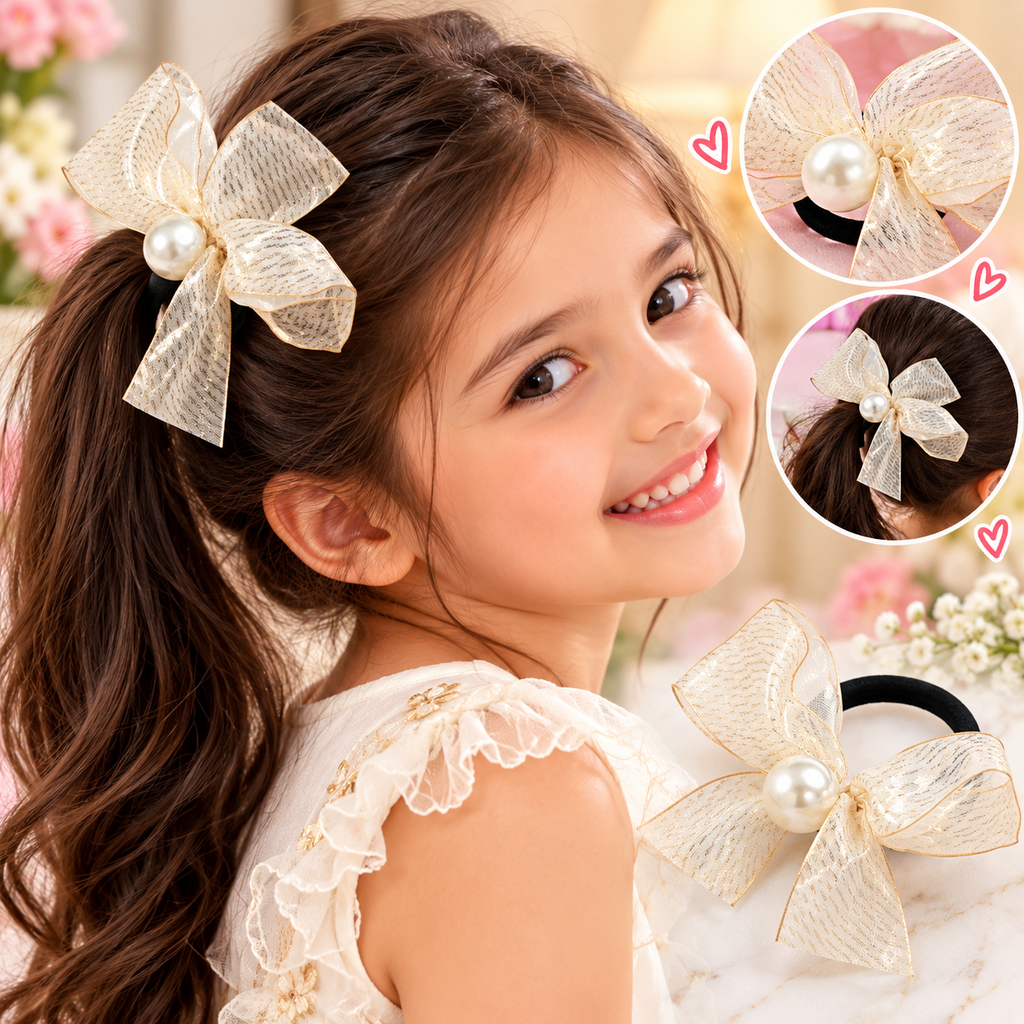 Stylish Black Bow Hair Bands for Girls – Pearl & Ribbon Elastic Hair Ties Combo (2 pcs)