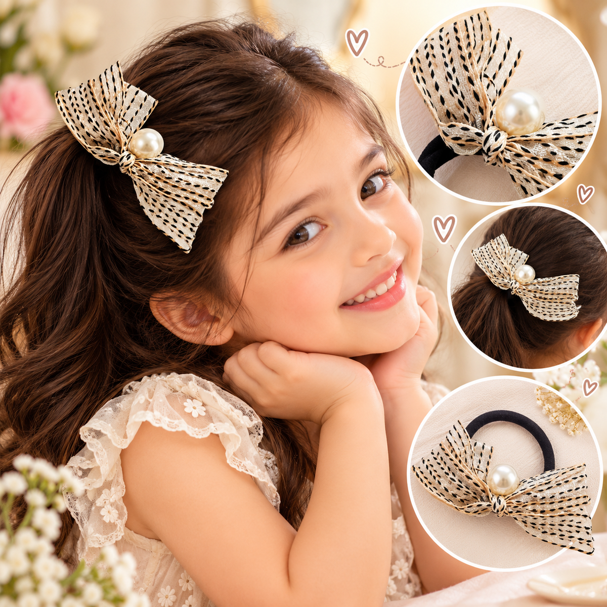 Stylish Black Bow Hair Bands for Girls – Pearl & Ribbon Elastic Hair Ties Combo (2 pcs)